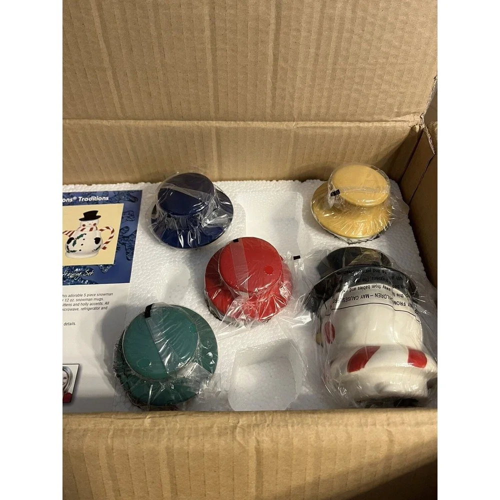 Temptations 5-Piece Snowman Entertaining Tea Set NIB. 48oz Teapot & 4 12oz Mugs